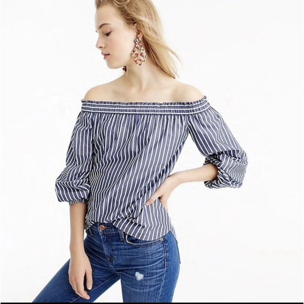 J.‎ Crew Blue White Stripe Off the Shoulder 3/4 Sleeve Top Blouse Size 2